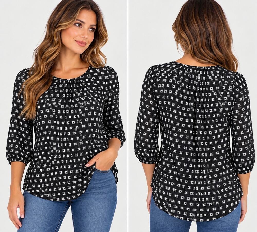 NYDJ Women’s Small Black White Geometric Print 3/4 Sleeve Blouse Lift Tuck NWT
